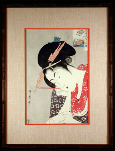 Framed and Matted Flower Fan Japanese Print after Utagawa Utamaro